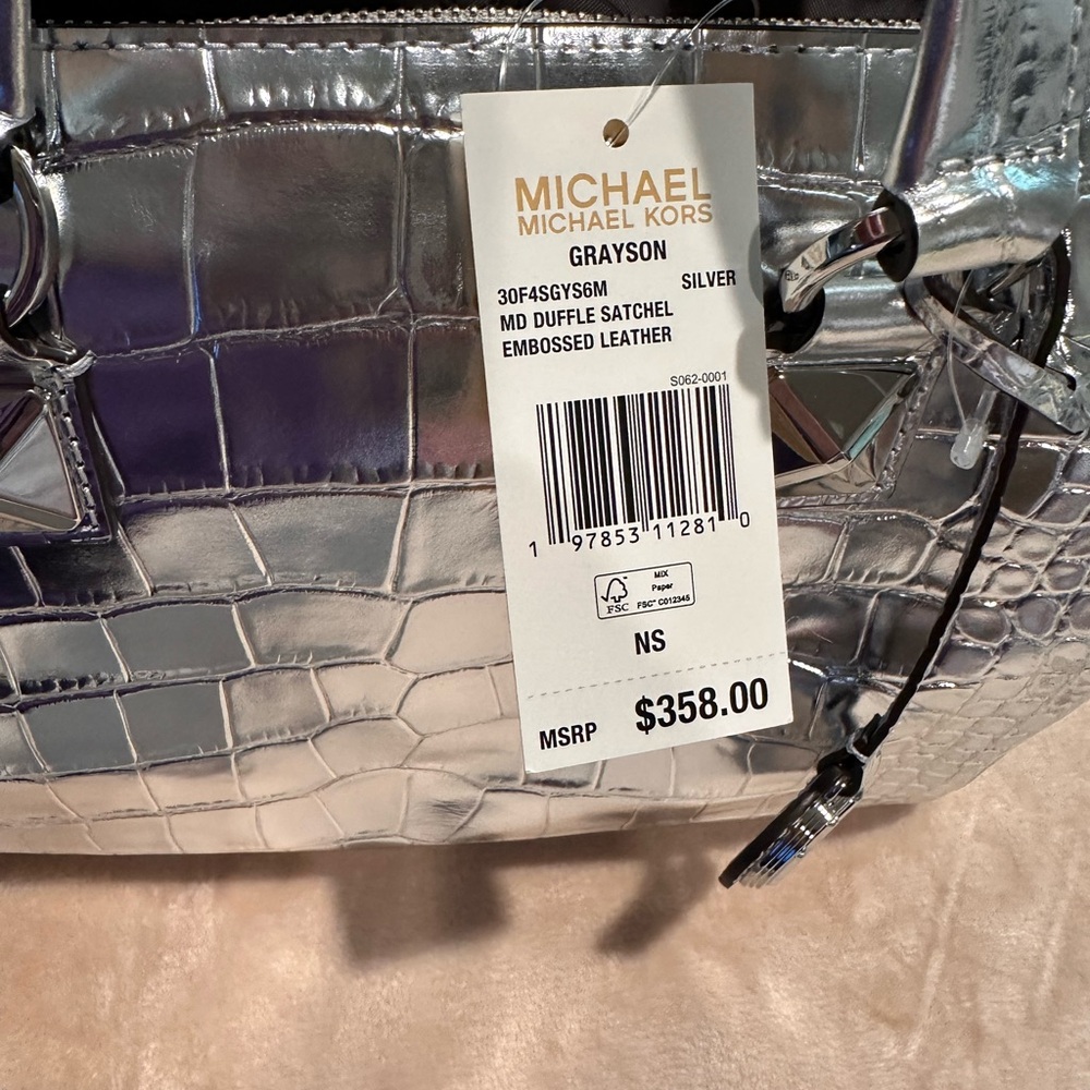 Michael Kors Medium Duffle Satchel Silver Embossed Leather - Picture 6 of 6